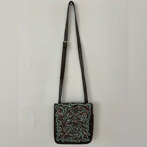 Patricia Nash Brown Leather Crossbody with Turquoise Accents